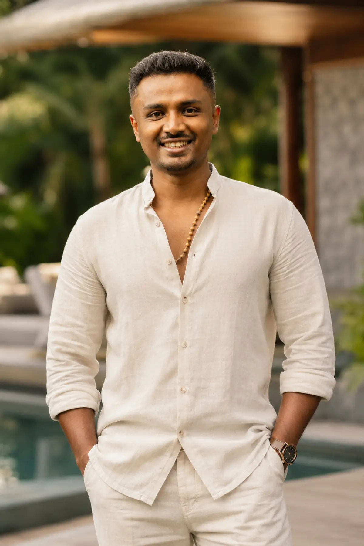 Abhiraam Gautham, standing outdoors in a cream linen shirt, looking towards the camera.