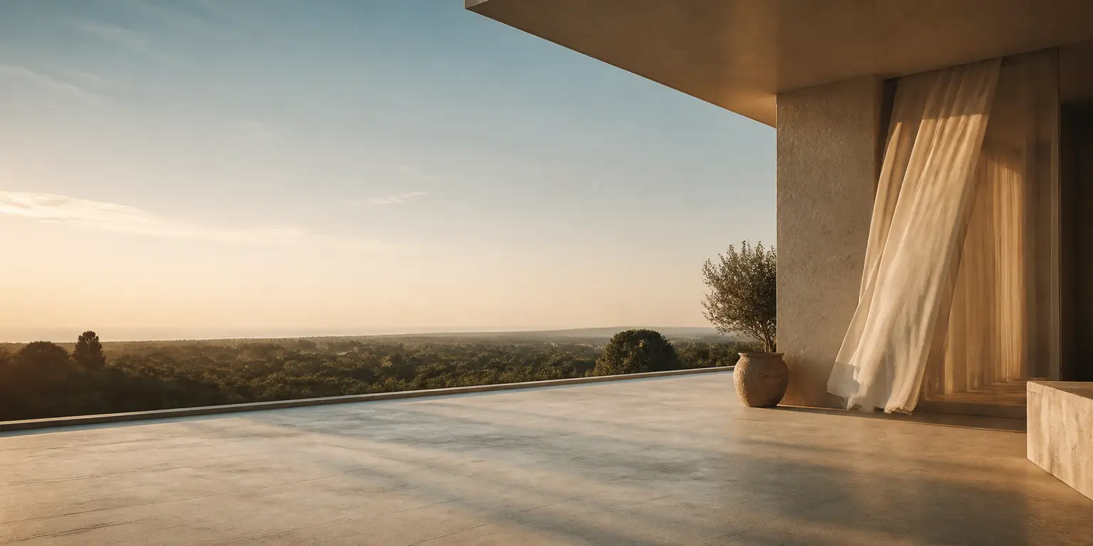 Morning light across an empty terrace above treetops.