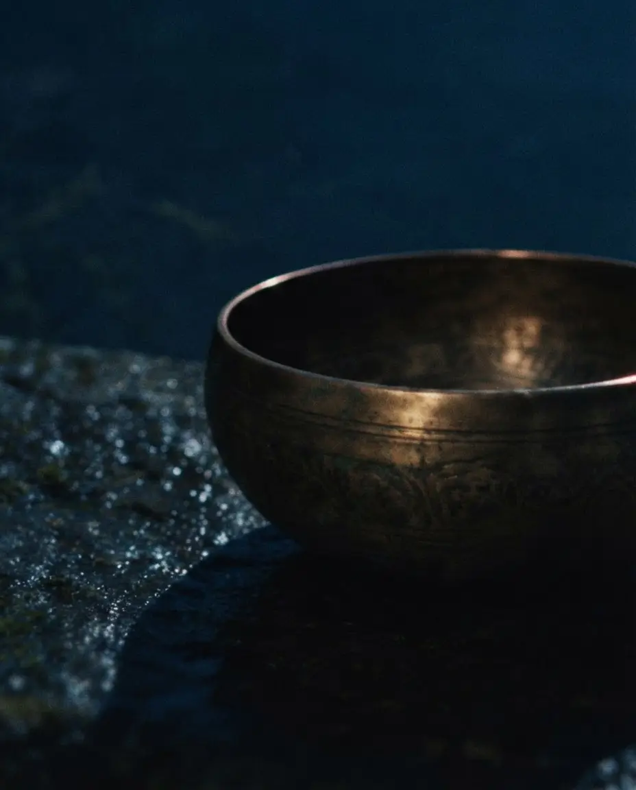 A bronze singing bowl on wet dark stone at the water's edge at night, its rim catching one warm highlight.