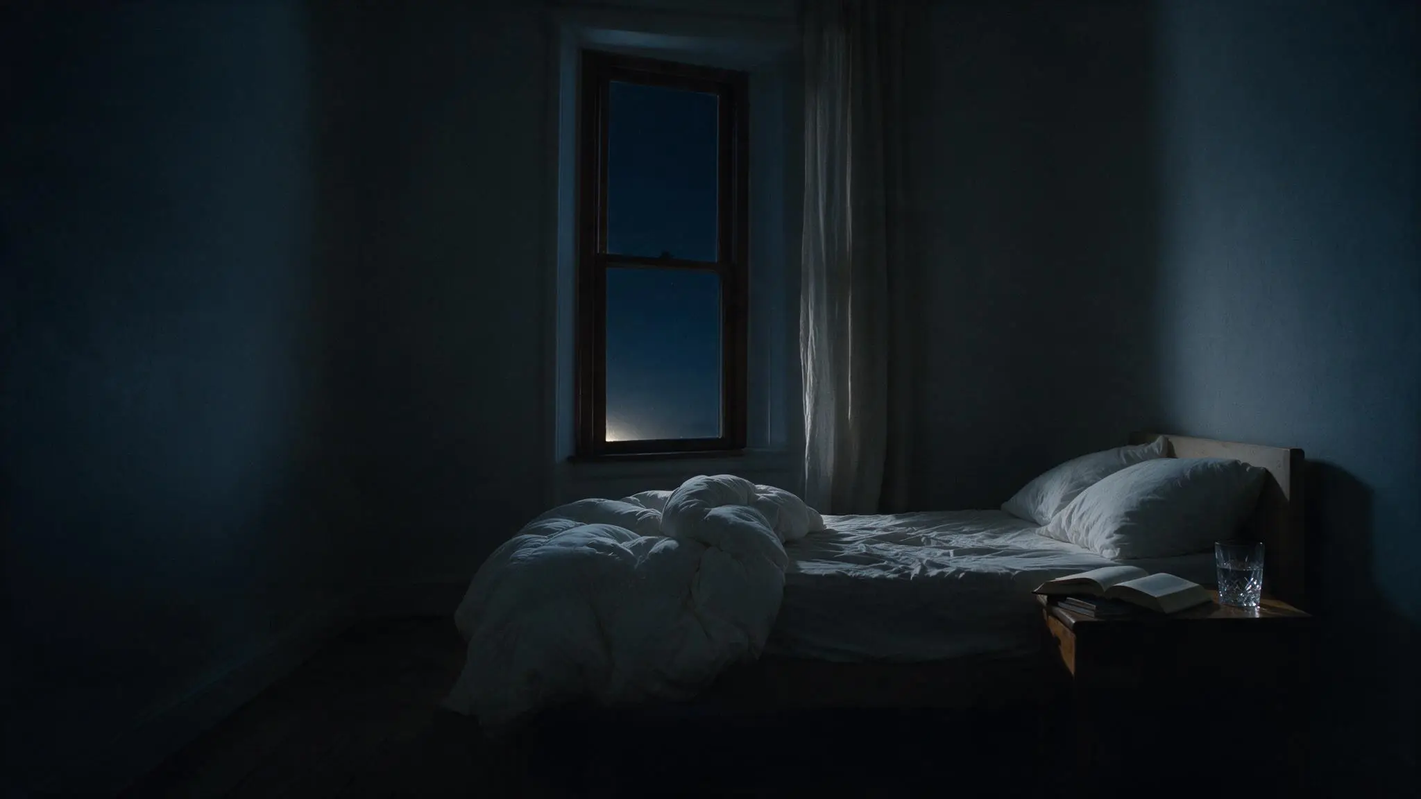 The same bedroom at 4:30 AM, a faint cool light beginning at the base of the window.