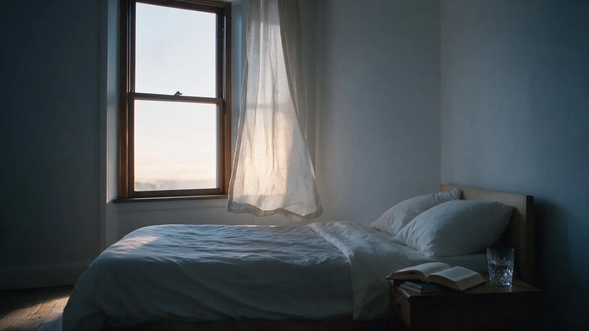 The same bedroom at 5:40 AM, first daylight glowing through the linen curtain.