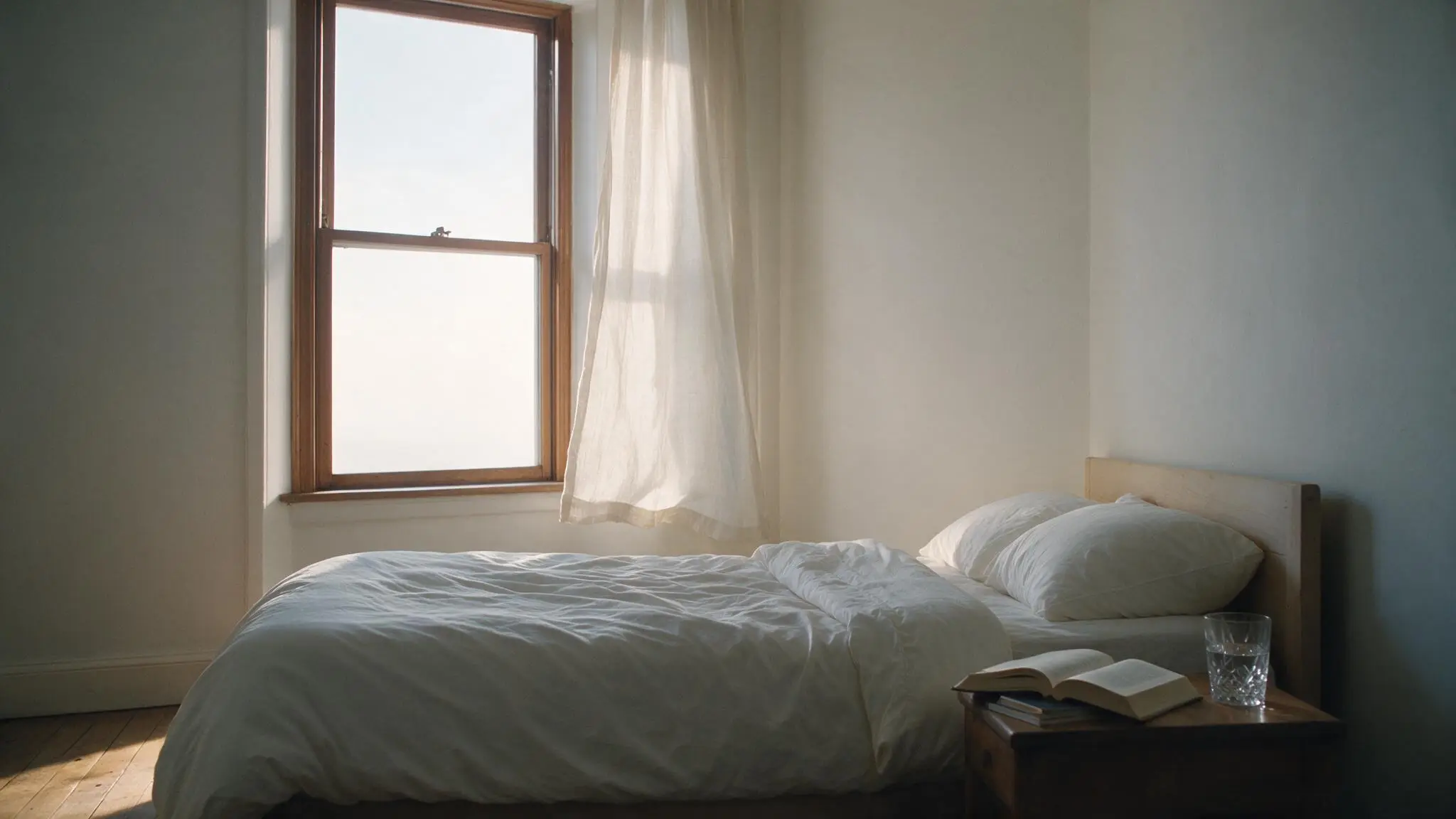The same bedroom at 7:10 AM, full soft morning light through the curtain.