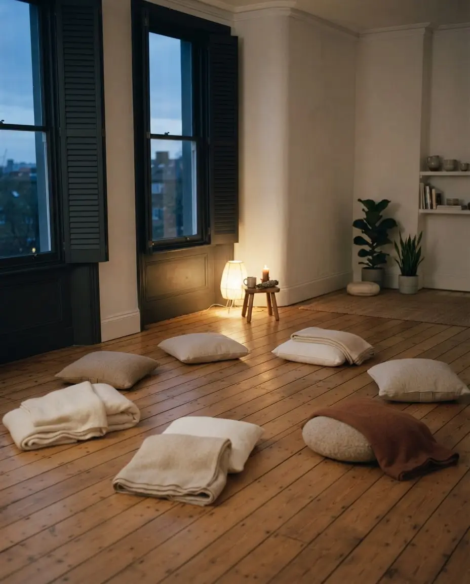 A quiet studio at dusk, floor cushions and folded blankets set out in a circle.