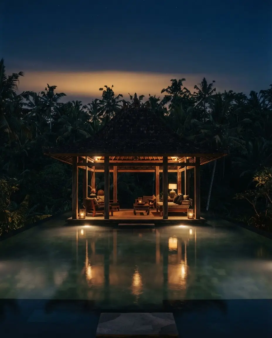 An open tropical pavilion at blue hour, reflected in still water.