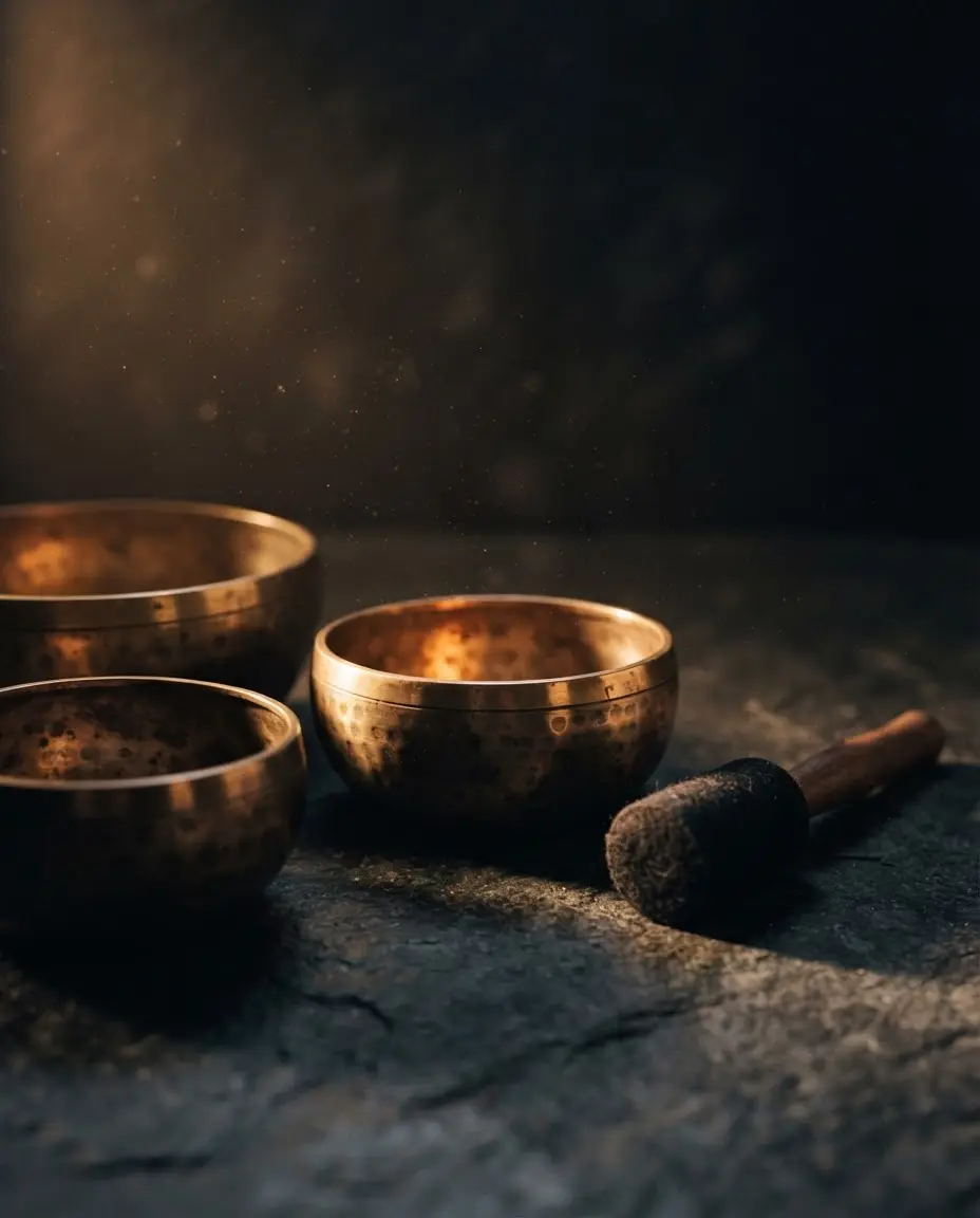 Three bronze singing bowls and a mallet on dark stone, lit from one side.