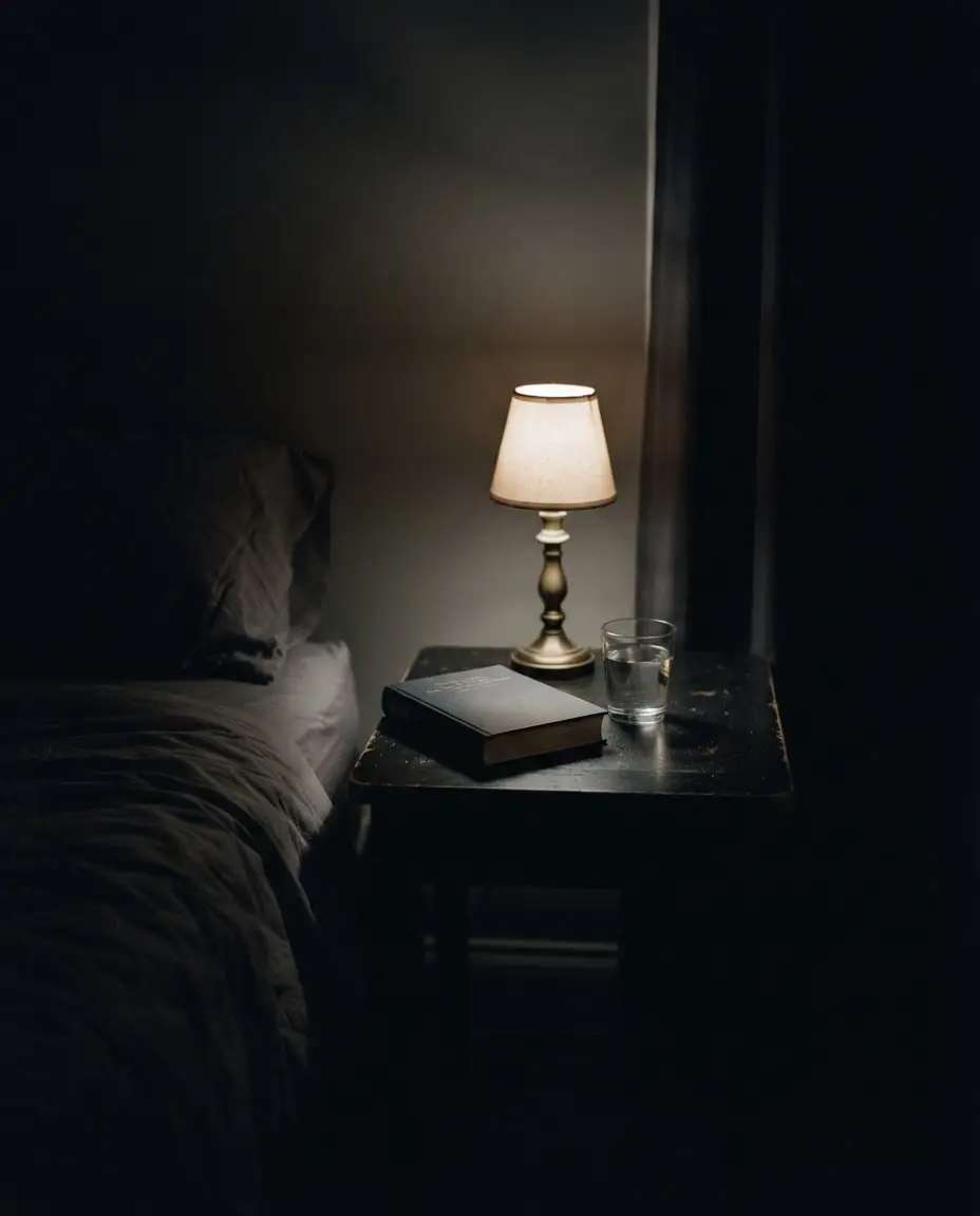 A bedside at night: a book, a glass of water and one dimmed lamp.